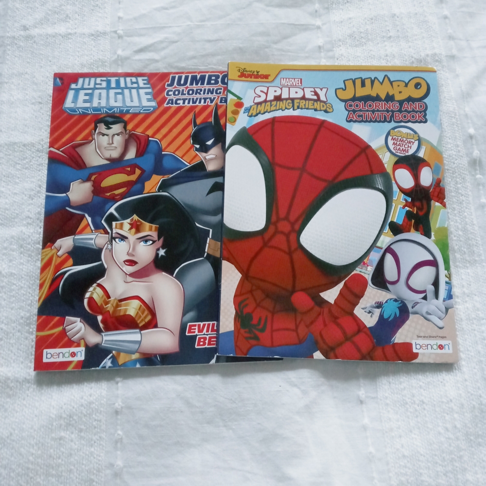 NWT JUMBO Justice League Unlimited & Marvel Spidey Coloring & Activity Books